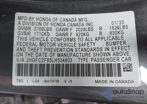 2020 Honda Civic Sport из США, поврежденный, VIN 2HGFC2F85LH534803